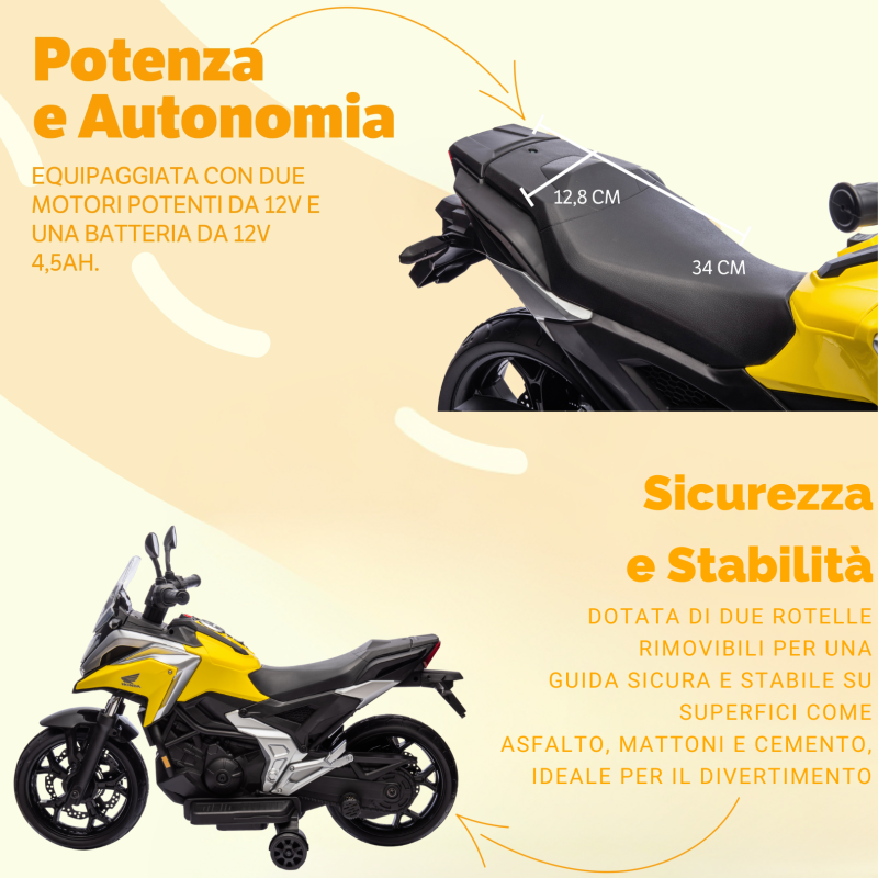 Moto Elettrica per Bambini Honda NC750X 12V Motocicletta con MP3 Accelleratore a Pedale Luci a LED e Suoni Integrati – Variante Giallo