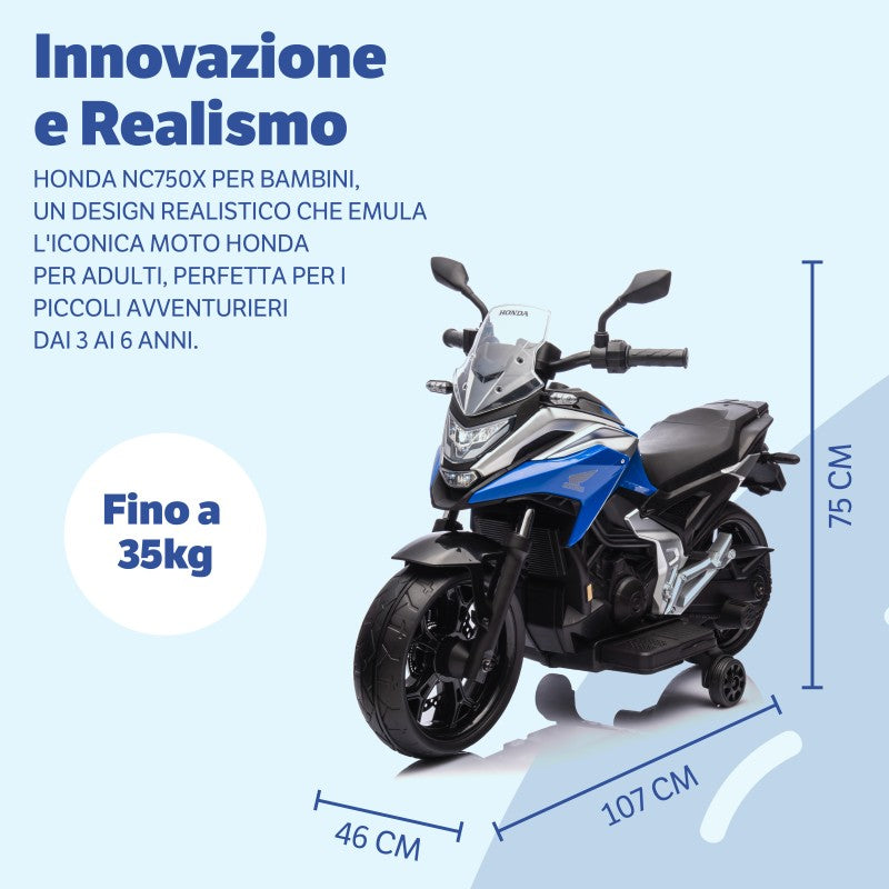 Moto Elettrica per Bambini Honda NC750X 12V Motocicletta con MP3 Accelleratore a Pedale Luci a LED e Suoni Integrati – Variante Blu