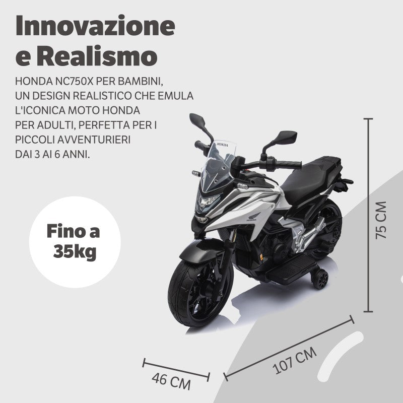 Moto Elettrica per Bambini Honda NC750X 12V Motocicletta con MP3 Accelleratore a Pedale Luci a LED e Suoni Integrati – Variante Bianco