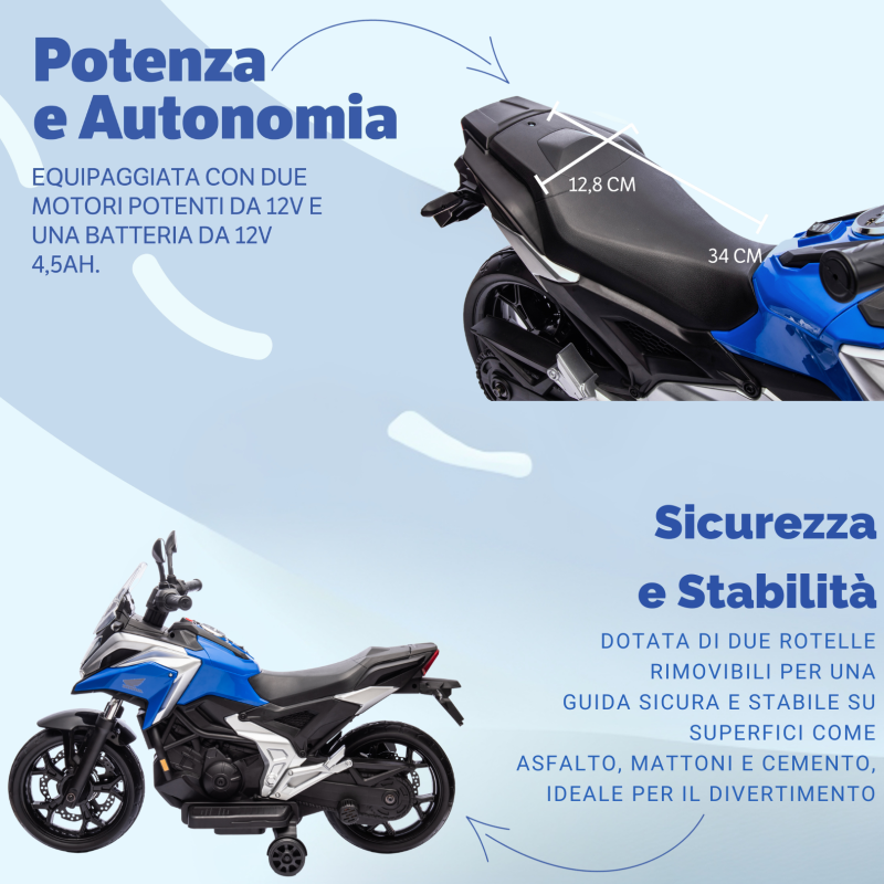 Moto Elettrica per Bambini Honda NC750X 12V Motocicletta con MP3 Accelleratore a Pedale Luci a LED e Suoni Integrati – Variante Blu