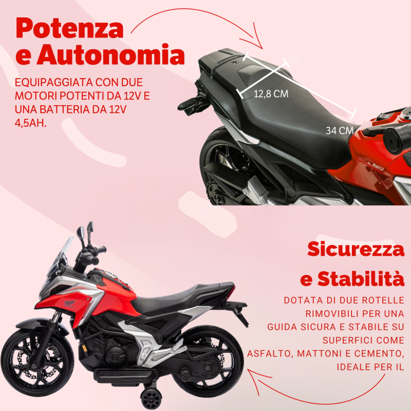 Moto Elettrica per Bambini Honda NC750X 12V Motocicletta con MP3 Accelleratore a Pedale Luci a LED e Suoni Integrati – Variante Rosso