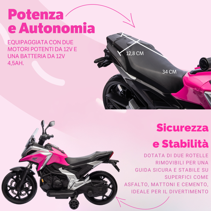 Moto Elettrica per Bambini Honda NC750X 12V Motocicletta con MP3 Accelleratore a Pedale Luci a LED e Suoni Integrati – Variante Rosa