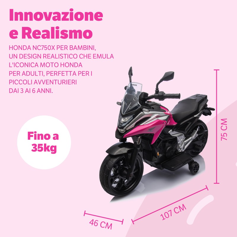 Moto Elettrica per Bambini Honda NC750X 12V Motocicletta con MP3 Accelleratore a Pedale Luci a LED e Suoni Integrati – Variante Rosa