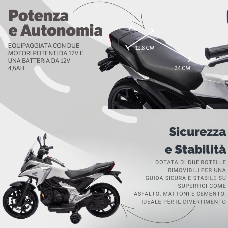 Moto Elettrica per Bambini Honda NC750X 12V Motocicletta con MP3 Accelleratore a Pedale Luci a LED e Suoni Integrati – Variante Bianco