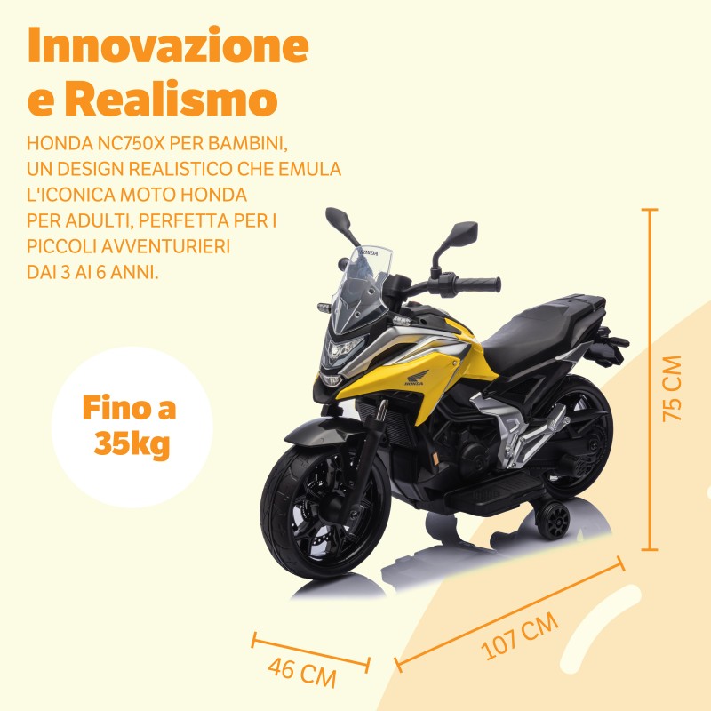 Moto Elettrica per Bambini Honda NC750X 12V Motocicletta con MP3 Accelleratore a Pedale Luci a LED e Suoni Integrati – Variante Giallo