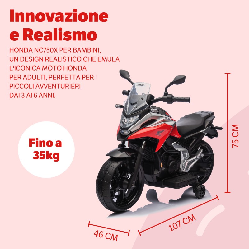 Moto Elettrica per Bambini Honda NC750X 12V Motocicletta con MP3 Accelleratore a Pedale Luci a LED e Suoni Integrati – Variante Rosso