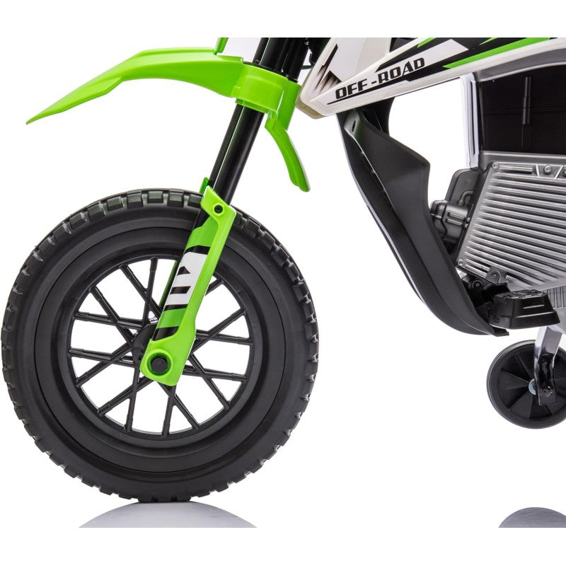 Moto Elettrica per Bambini 12V Super Cross Enduro con 2 Motori Potenti Acceleratore Manopola Ruote con Battistrada Bluetooth – Variante Verde