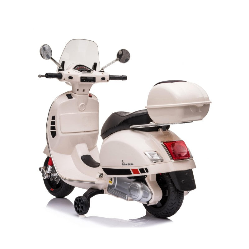 Moto Elettrica Scooter Per Bambini VESPA GTS SUPER 12V con Bauletto MP3 Luci a Led Sedile in Pelle Full Optional – Variante Bianco