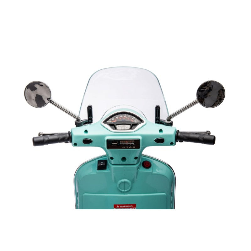 Moto Elettrica Scooter Per Bambini VESPA GTS SUPER 12V con Bauletto MP3 Luci a Led Sedile in Pelle Full Optional – Variante Verde Tiffany