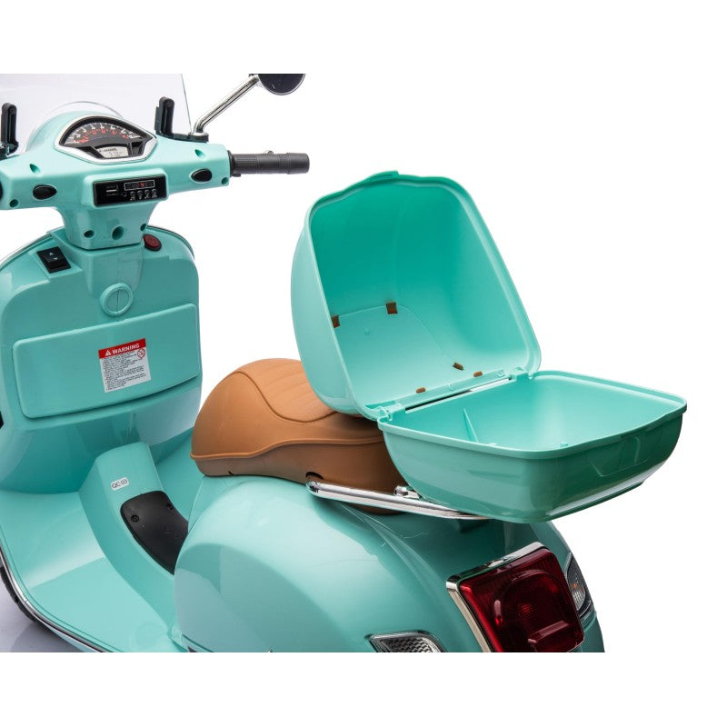 Moto Elettrica Scooter Per Bambini VESPA GTS SUPER 12V con Bauletto MP3 Luci a Led Sedile in Pelle Full Optional – Variante Verde Tiffany