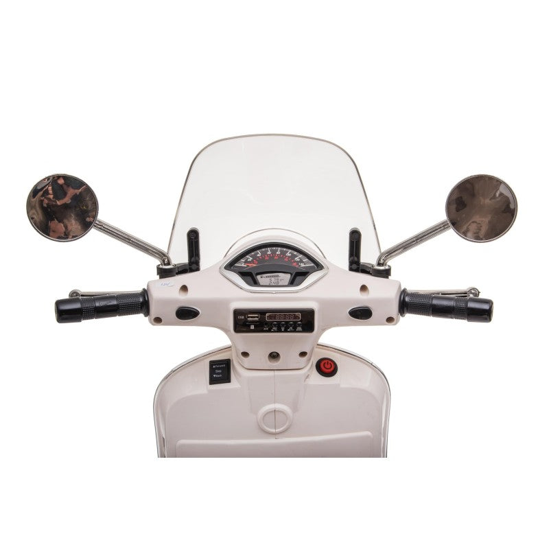 Moto Elettrica Scooter Per Bambini VESPA GTS SUPER 12V con Bauletto MP3 Luci a Led Sedile in Pelle Full Optional – Variante Bianco