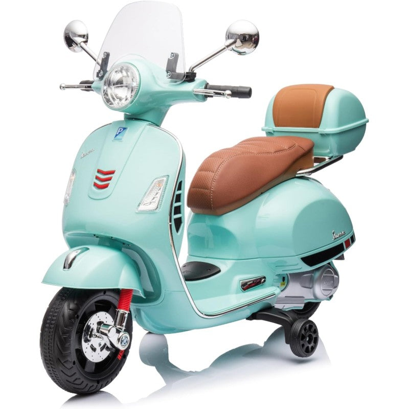 Moto Elettrica Scooter Per Bambini VESPA GTS SUPER 12V con Bauletto MP3 Luci a Led Sedile in Pelle Full Optional - Verde Tiffany