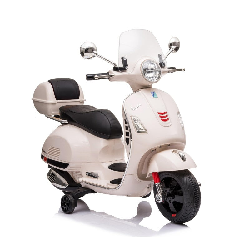 Moto Elettrica Scooter Per Bambini VESPA GTS SUPER 12V con Bauletto MP3 Luci a Led Sedile in Pelle Full Optional – Variante Bianco