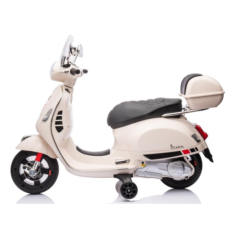 Moto Elettrica Scooter Per Bambini VESPA GTS SUPER 12V con Bauletto MP3 Luci a Led Sedile in Pelle Full Optional – Variante Bianco