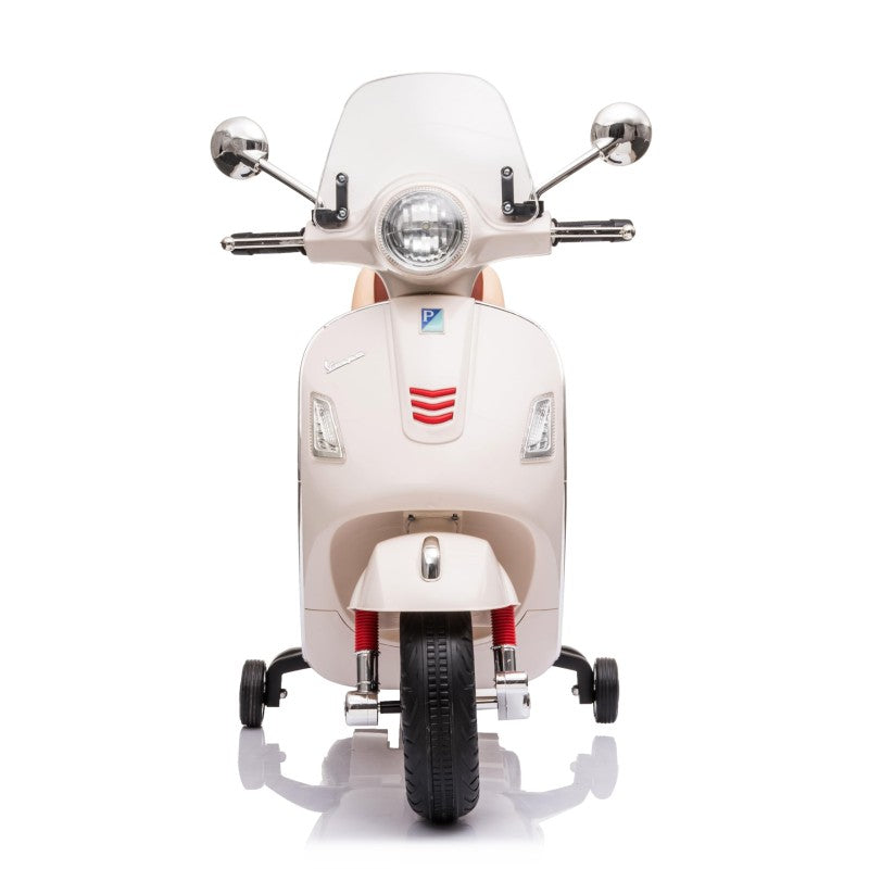 Moto Elettrica Scooter Per Bambini VESPA GTS SUPER 12V con Bauletto MP3 Luci a Led Sedile in Pelle Full Optional – Variante Bianco