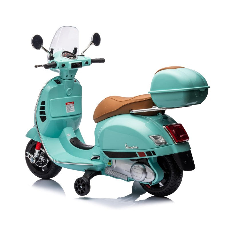 Moto Elettrica Scooter Per Bambini VESPA GTS SUPER 12V con Bauletto MP3 Luci a Led Sedile in Pelle Full Optional – Variante Verde Tiffany