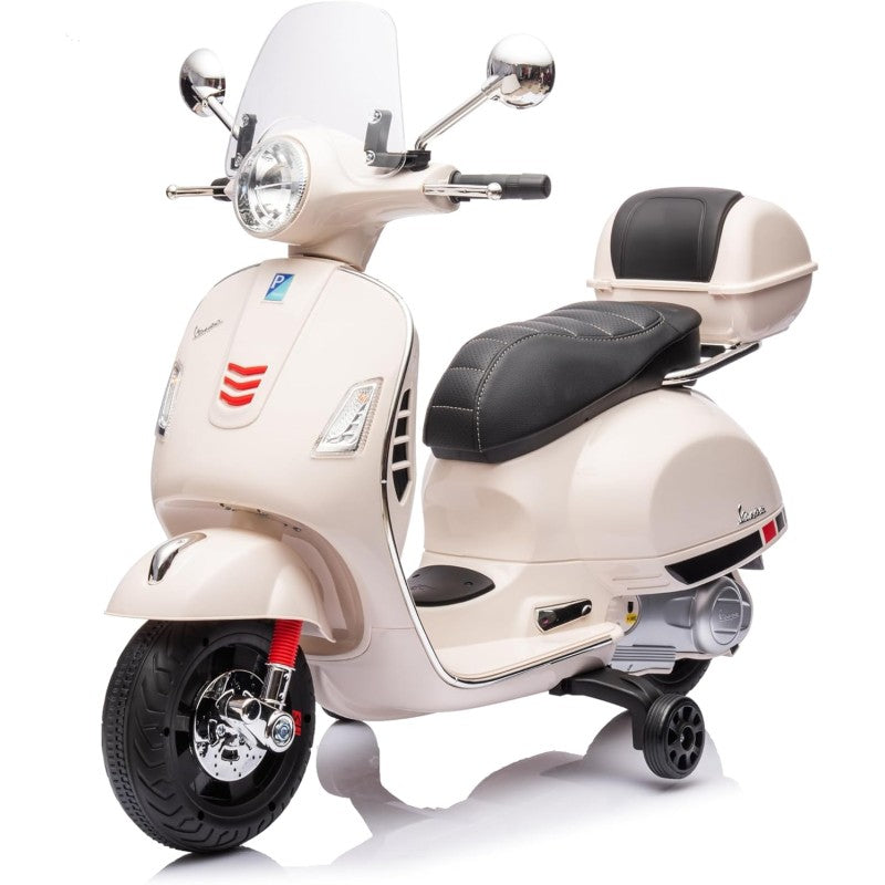 Moto Elettrica Scooter Per Bambini VESPA GTS SUPER 12V con Bauletto MP3 Luci a Led Sedile in Pelle Full Optional - Bianco
