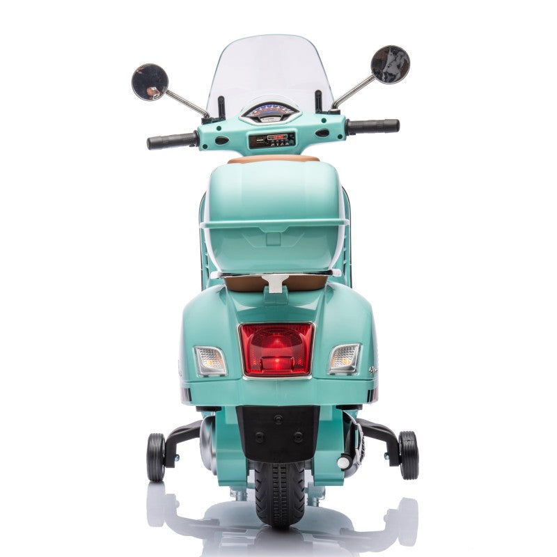 Moto Elettrica Scooter Per Bambini VESPA GTS SUPER 12V con Bauletto MP3 Luci a Led Sedile in Pelle Full Optional – Variante Verde Tiffany