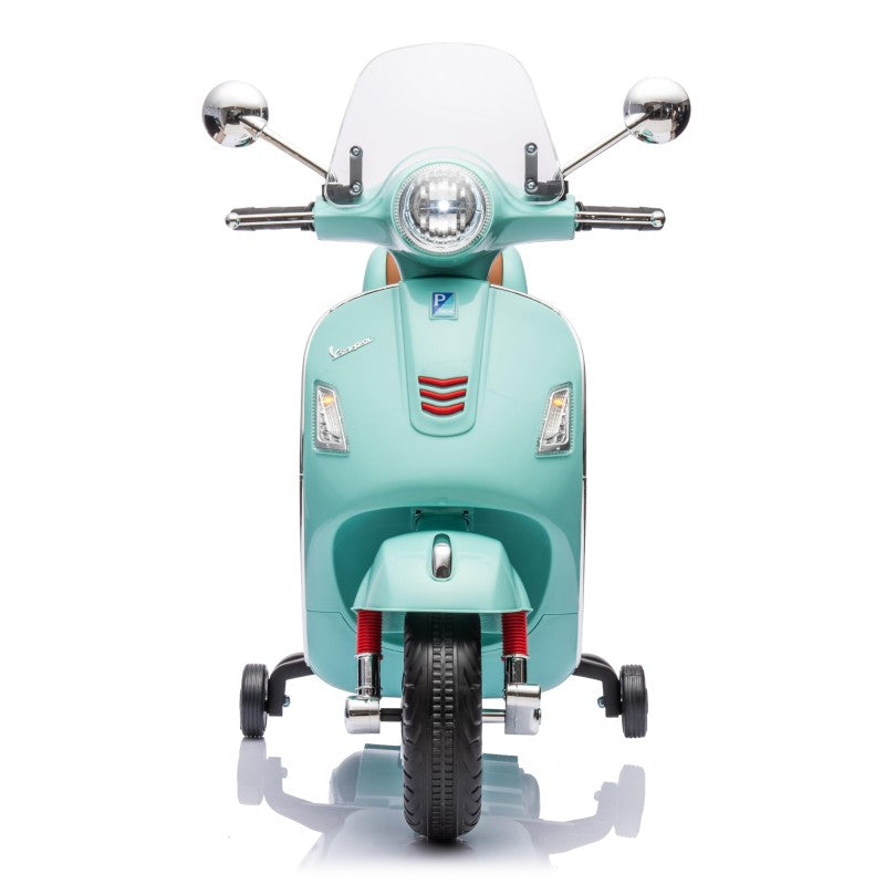 Moto Elettrica Scooter Per Bambini VESPA GTS SUPER 12V con Bauletto MP3 Luci a Led Sedile in Pelle Full Optional – Variante Verde Tiffany