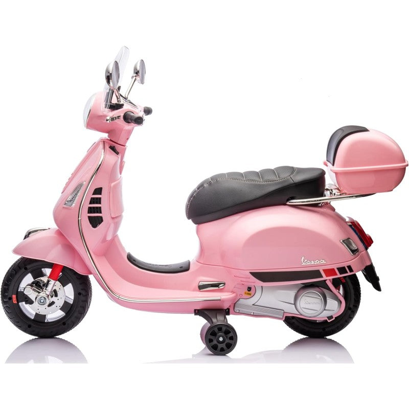 Moto Elettrica Scooter Per Bambini VESPA GTS SUPER 12V con Bauletto MP3 Luci a Led Sedile in Pelle Full Optional – Variante Rosa