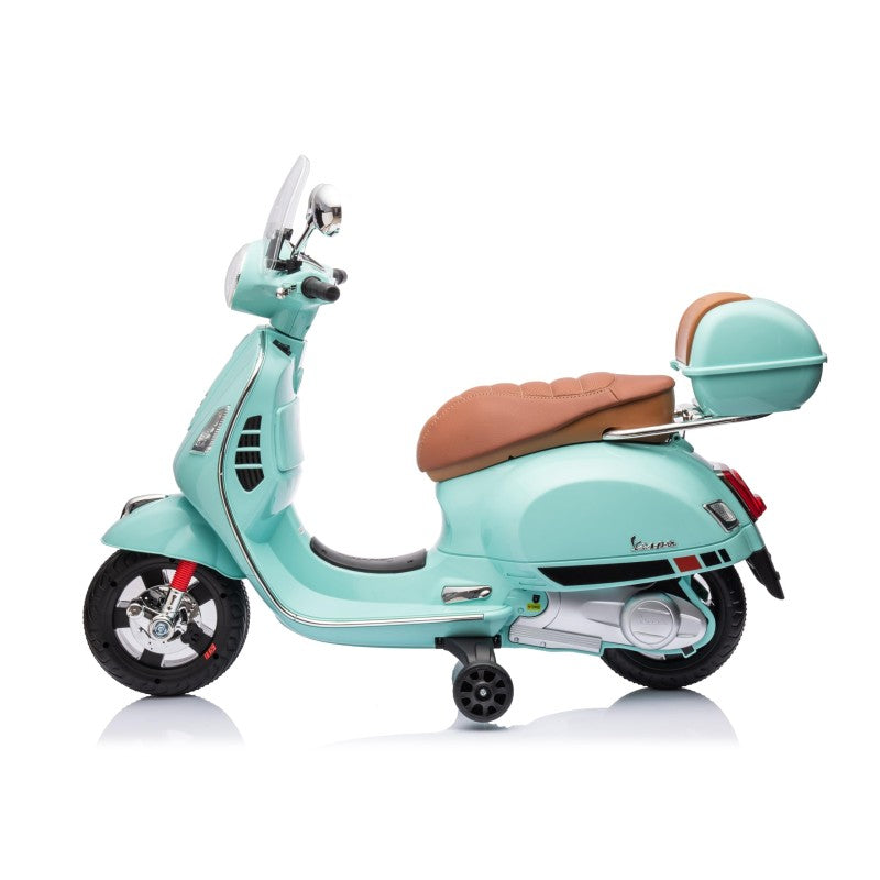 Moto Elettrica Scooter Per Bambini VESPA GTS SUPER 12V con Bauletto MP3 Luci a Led Sedile in Pelle Full Optional – Variante Verde Tiffany