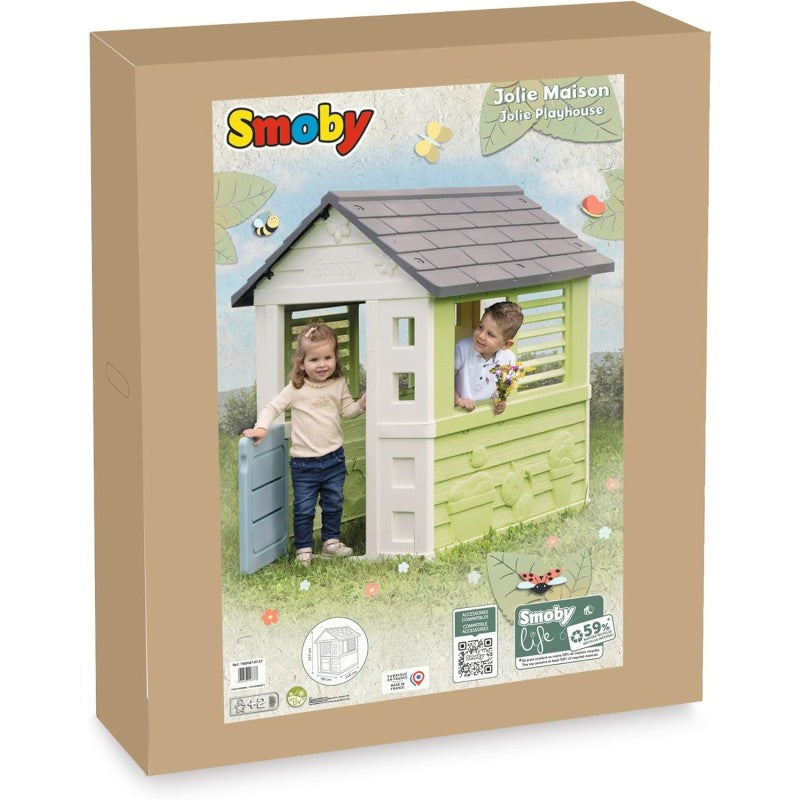 Smoby 7600810737 Jolie Maison Casetta da giardino dal Design Moderno con Cancello Finestre con Persiane in Materiale Riciclato