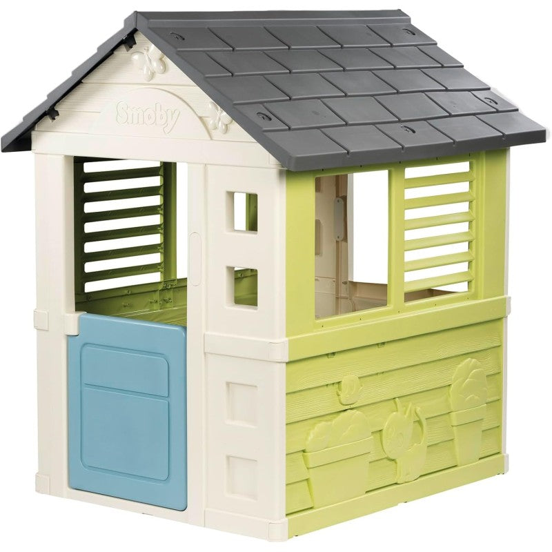 Smoby 7600810737 Jolie Maison Casetta da giardino dal Design Moderno con Cancello Finestre con Persiane in Materiale Riciclato