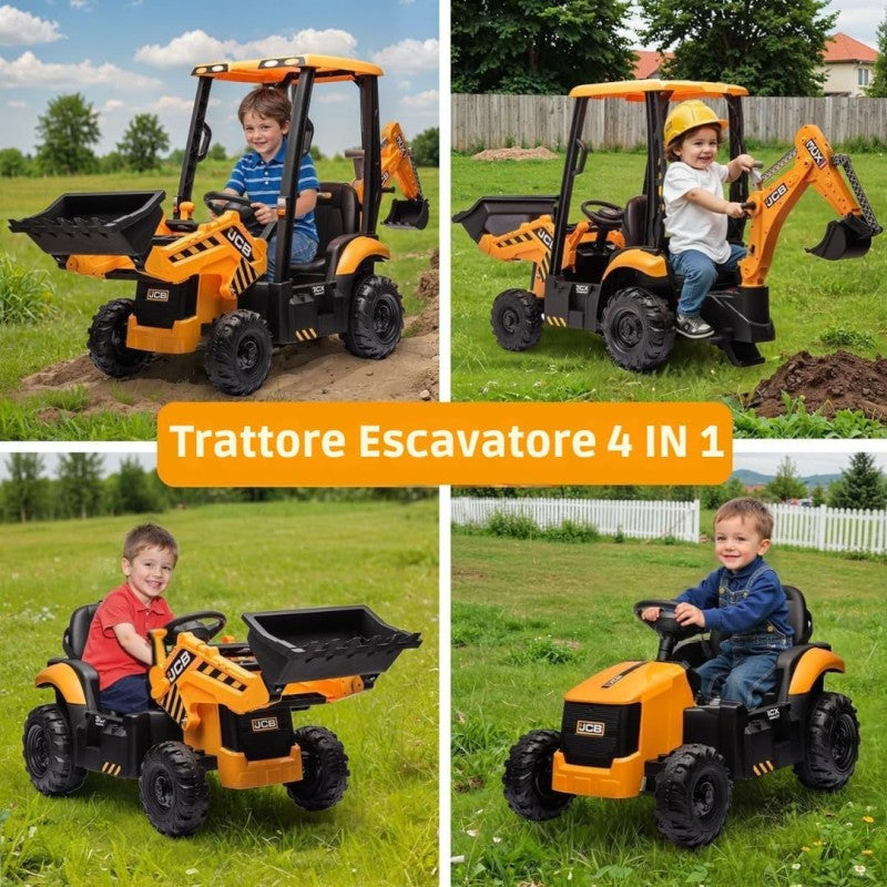 Trattore Cavalcabile Elettrico per Bambini JCB 24V Escavatore con Braccio Scavatore Bulldozer Retroescavatore 4 in 1