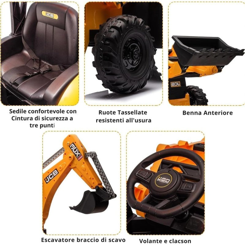 Trattore Cavalcabile Elettrico per Bambini JCB 24V Escavatore con Braccio Scavatore Bulldozer Retroescavatore 4 in 1