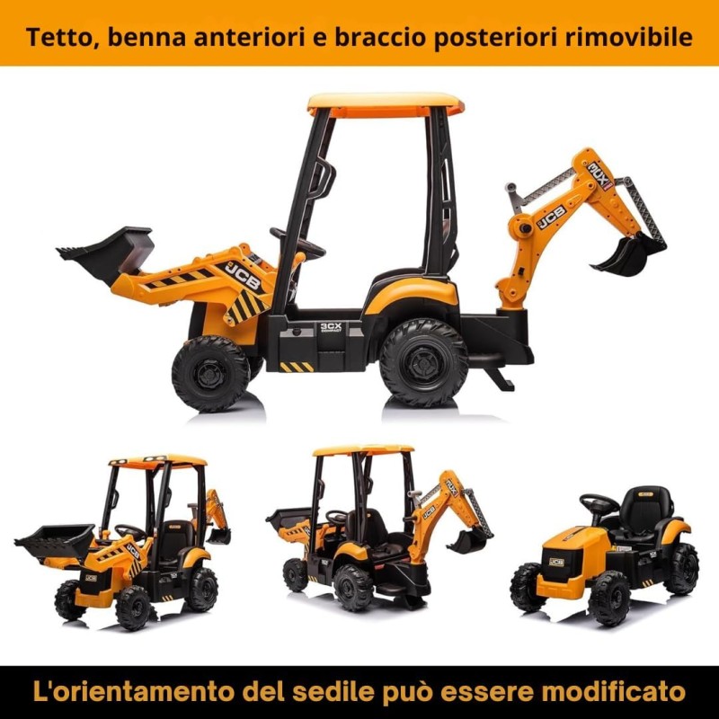 Trattore Cavalcabile Elettrico per Bambini JCB 24V Escavatore con Braccio Scavatore Bulldozer Retroescavatore 4 in 1