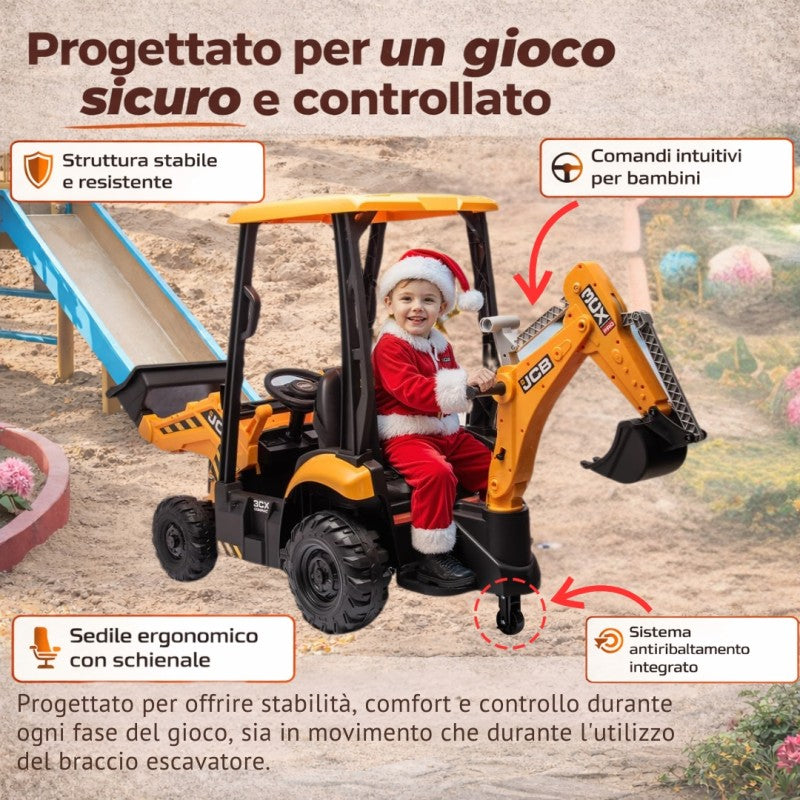 Trattore Cavalcabile Elettrico per Bambini JCB 24V Escavatore con Braccio Scavatore Bulldozer Retroescavatore 4 in 1