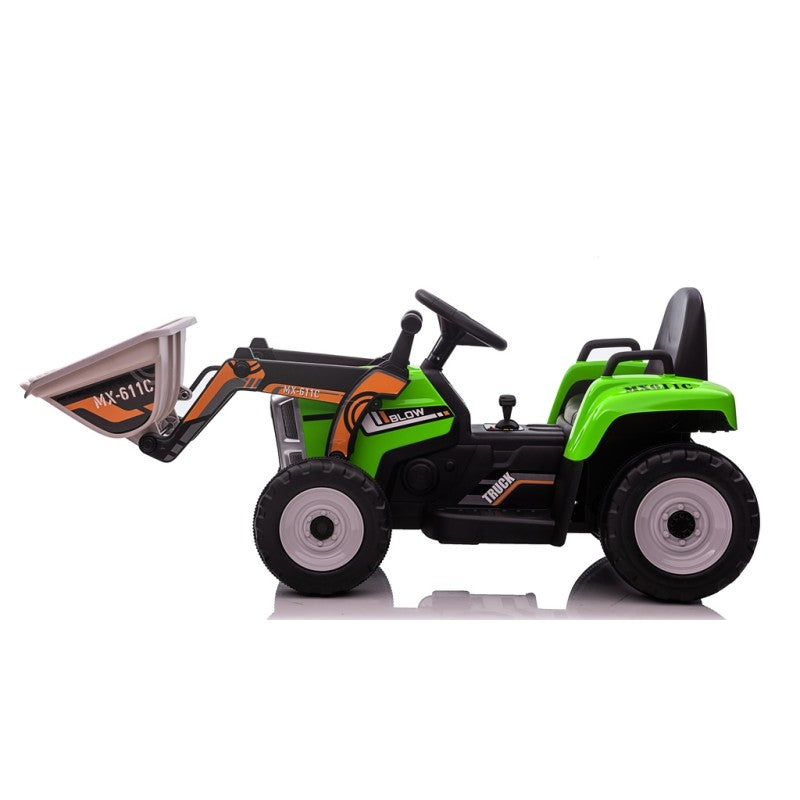 Trattore Elettrico 12V per Bambini Cavalcabile con Pala Meccanica Ruspa Scavatrice e Rimorchio – Variante Verde