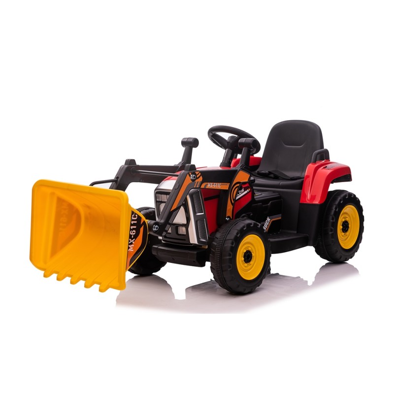 Trattore Elettrico 12V per Bambini Cavalcabile con Pala Meccanica Ruspa Scavatrice e Rimorchio – Variante Rosso