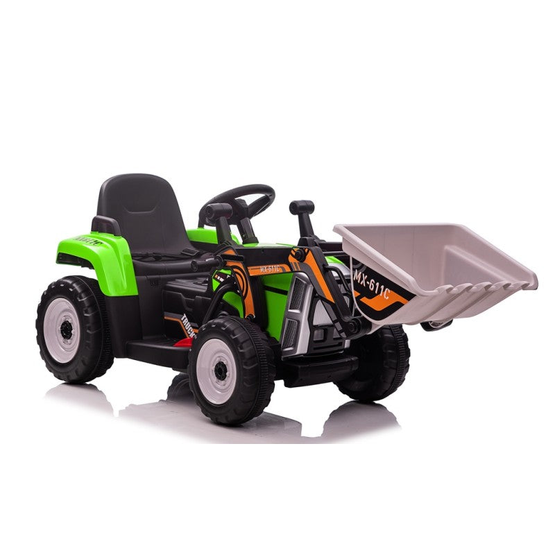 Trattore Elettrico 12V per Bambini Cavalcabile con Pala Meccanica Ruspa Scavatrice e Rimorchio – Variante Verde