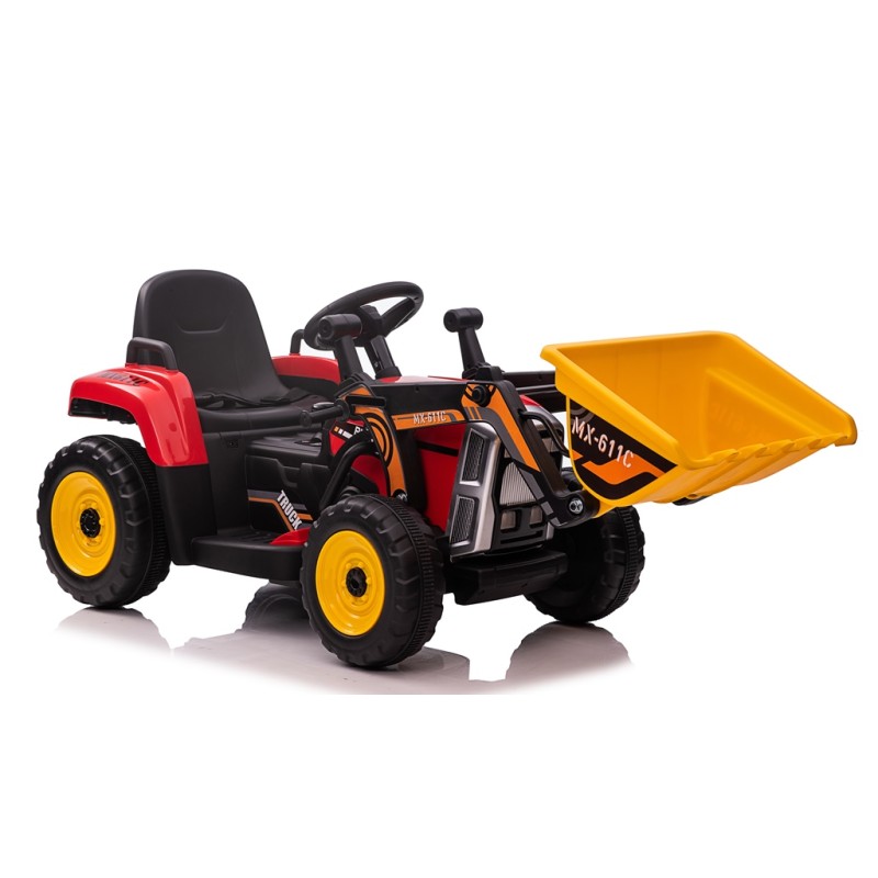 Trattore Elettrico 12V per Bambini Cavalcabile con Pala Meccanica Ruspa Scavatrice e Rimorchio – Variante Rosso