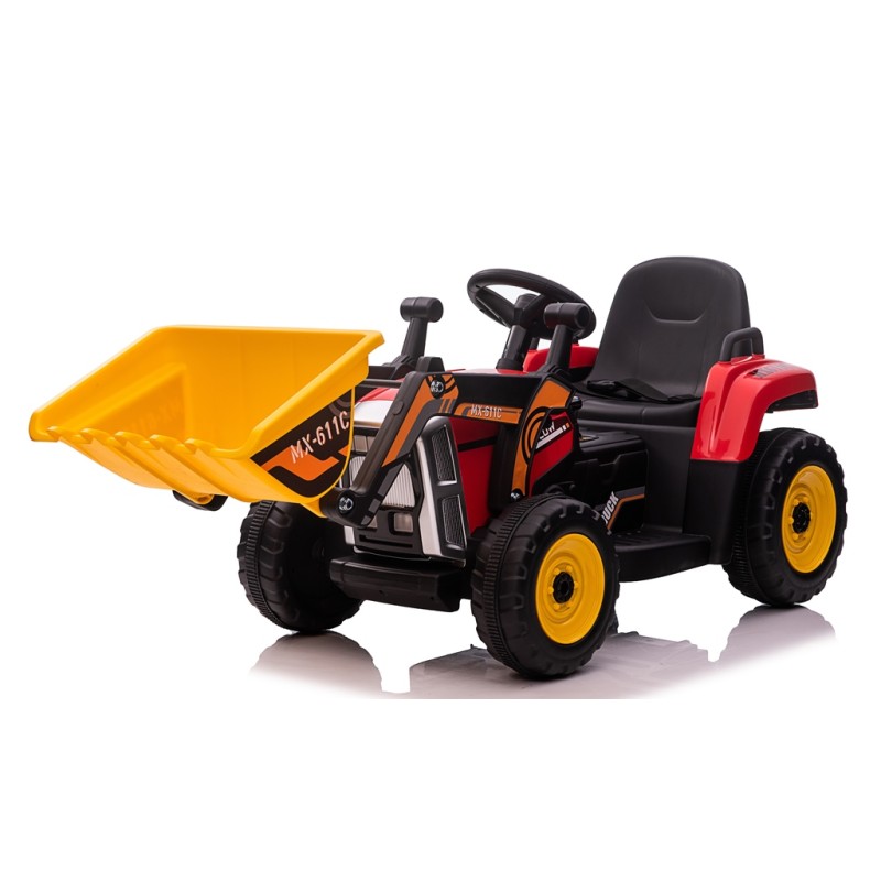 Trattore Elettrico 12V per Bambini Cavalcabile con Pala Meccanica Ruspa Scavatrice e Rimorchio – Variante Rosso