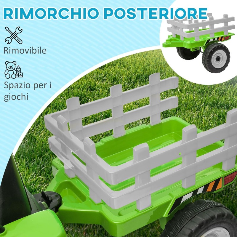 Trattore Elettrico 12V per Bambini Cavalcabile con Pala Meccanica Ruspa Scavatrice e Rimorchio – Variante Verde