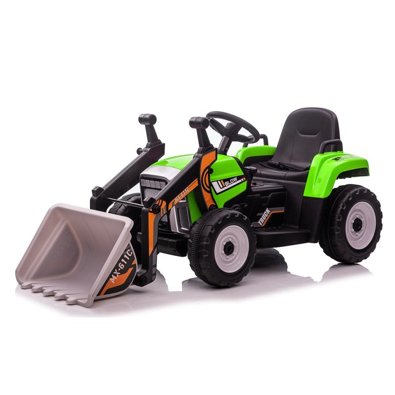 Trattore Elettrico 12V per Bambini Cavalcabile con Pala Meccanica Ruspa Scavatrice e Rimorchio – Variante Verde