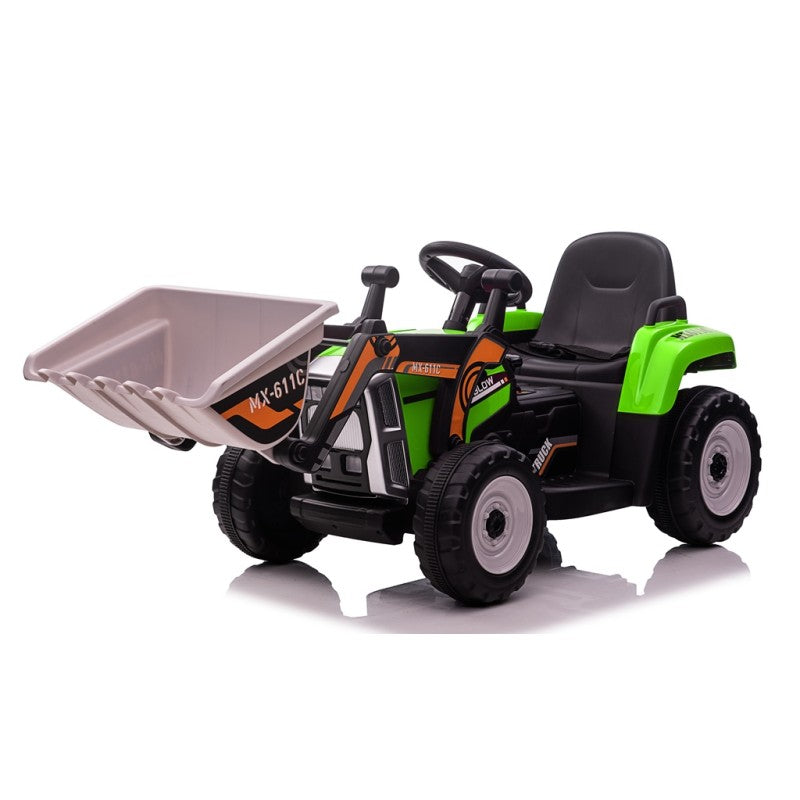 Trattore Elettrico 12V per Bambini Cavalcabile con Pala Meccanica Ruspa Scavatrice e Rimorchio – Variante Verde