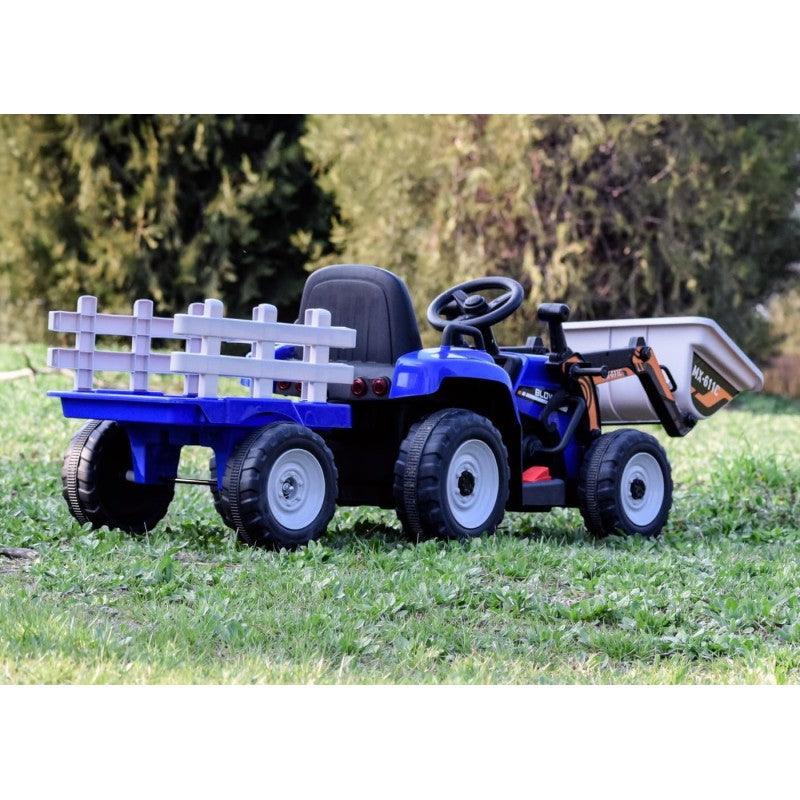Trattore Elettrico 12V per Bambini Cavalcabile con Pala Meccanica Ruspa Scavatrice e Rimorchio – Variante Blu