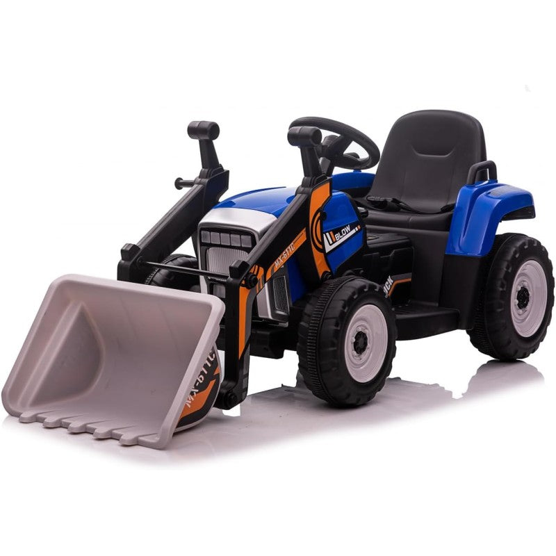 Trattore Elettrico 12V per Bambini Cavalcabile con Pala Meccanica Ruspa Scavatrice e Rimorchio – Variante Blu