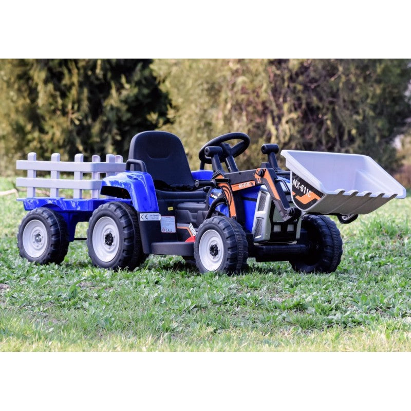 Trattore Elettrico 12V per Bambini Cavalcabile con Pala Meccanica Ruspa Scavatrice e Rimorchio – Variante Blu