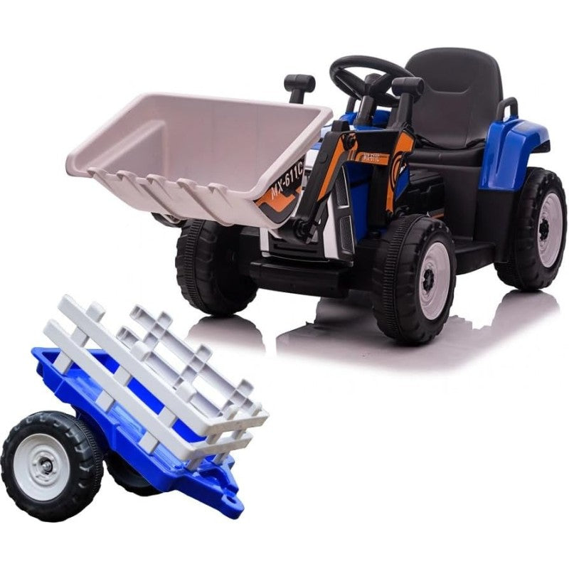 Trattore Elettrico 12V per Bambini Cavalcabile con Pala Meccanica Ruspa Scavatrice e Rimorchio - Blu