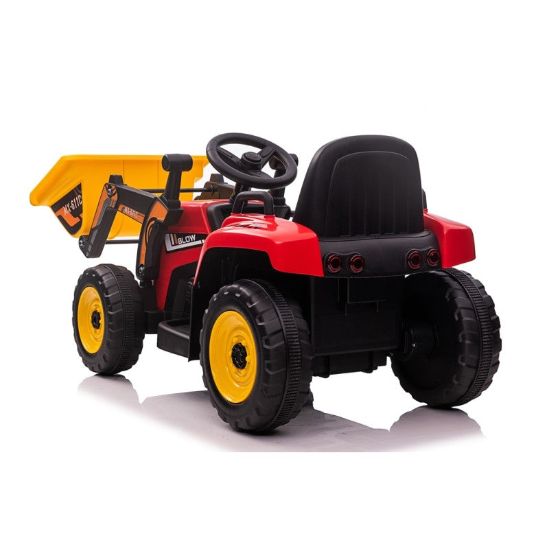 Trattore Elettrico 12V per Bambini Cavalcabile con Pala Meccanica Ruspa Scavatrice e Rimorchio – Variante Rosso