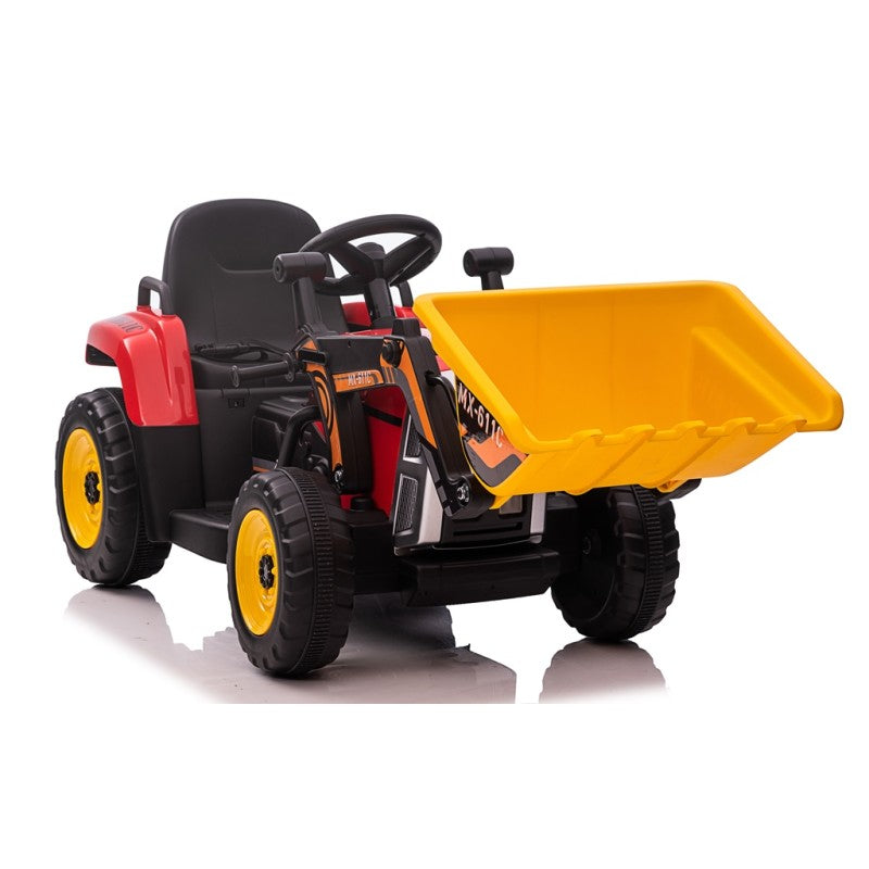 Trattore Elettrico 12V per Bambini Cavalcabile con Pala Meccanica Ruspa Scavatrice e Rimorchio – Variante Rosso