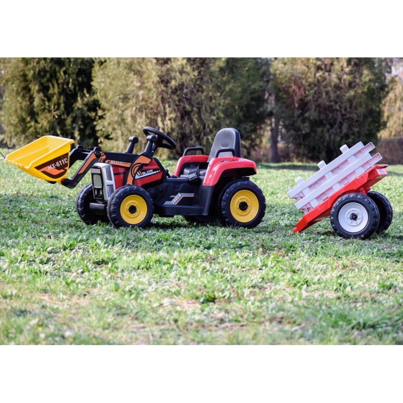 Trattore Elettrico 12V per Bambini Cavalcabile con Pala Meccanica Ruspa Scavatrice e Rimorchio – Variante Rosso