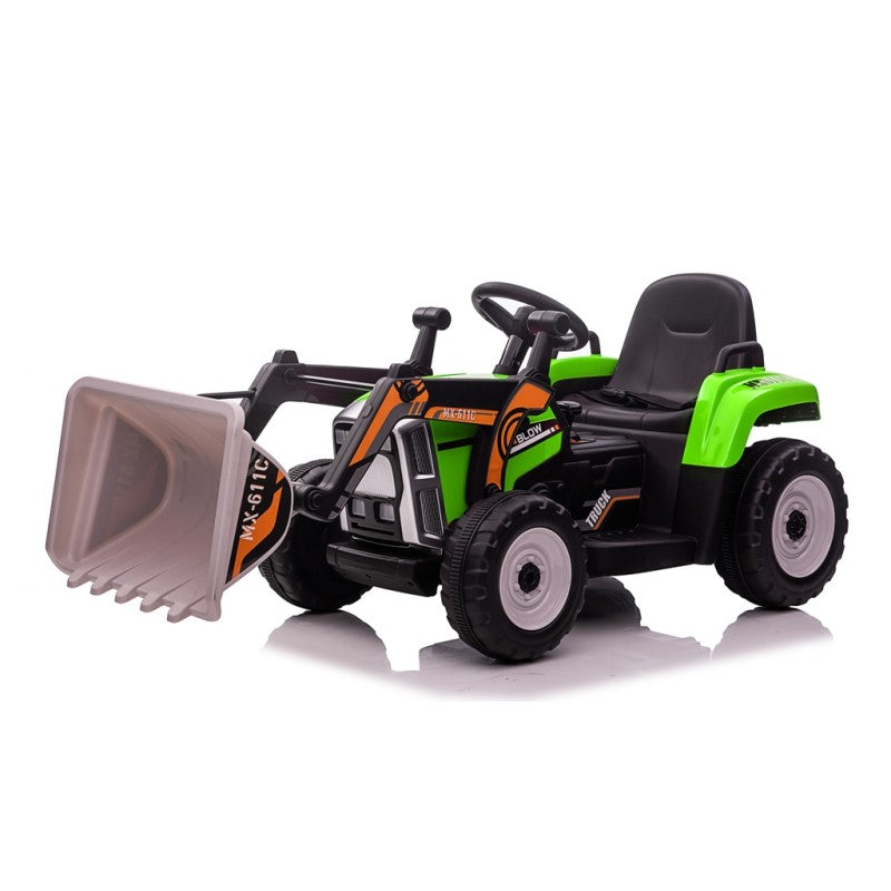 Trattore Elettrico 12V per Bambini Cavalcabile con Pala Meccanica Ruspa Scavatrice e Rimorchio – Variante Verde