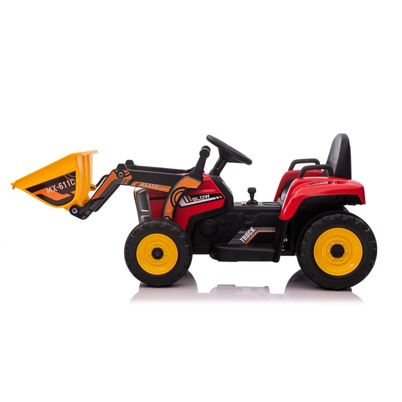 Trattore Elettrico 12V per Bambini Cavalcabile con Pala Meccanica Ruspa Scavatrice e Rimorchio – Variante Rosso