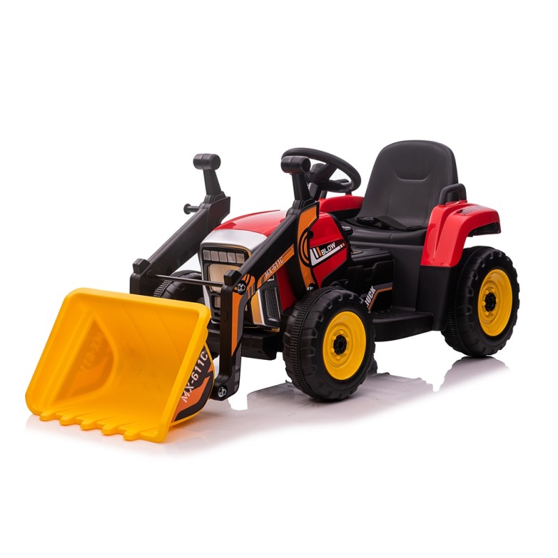 Trattore Elettrico 12V per Bambini Cavalcabile con Pala Meccanica Ruspa Scavatrice e Rimorchio – Variante Rosso