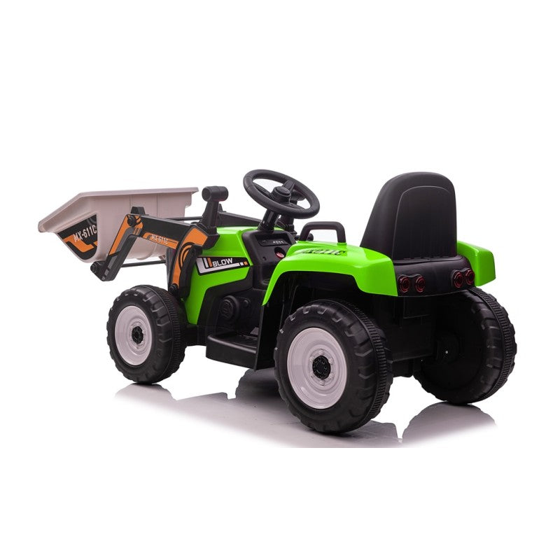 Trattore Elettrico 12V per Bambini Cavalcabile con Pala Meccanica Ruspa Scavatrice e Rimorchio – Variante Verde